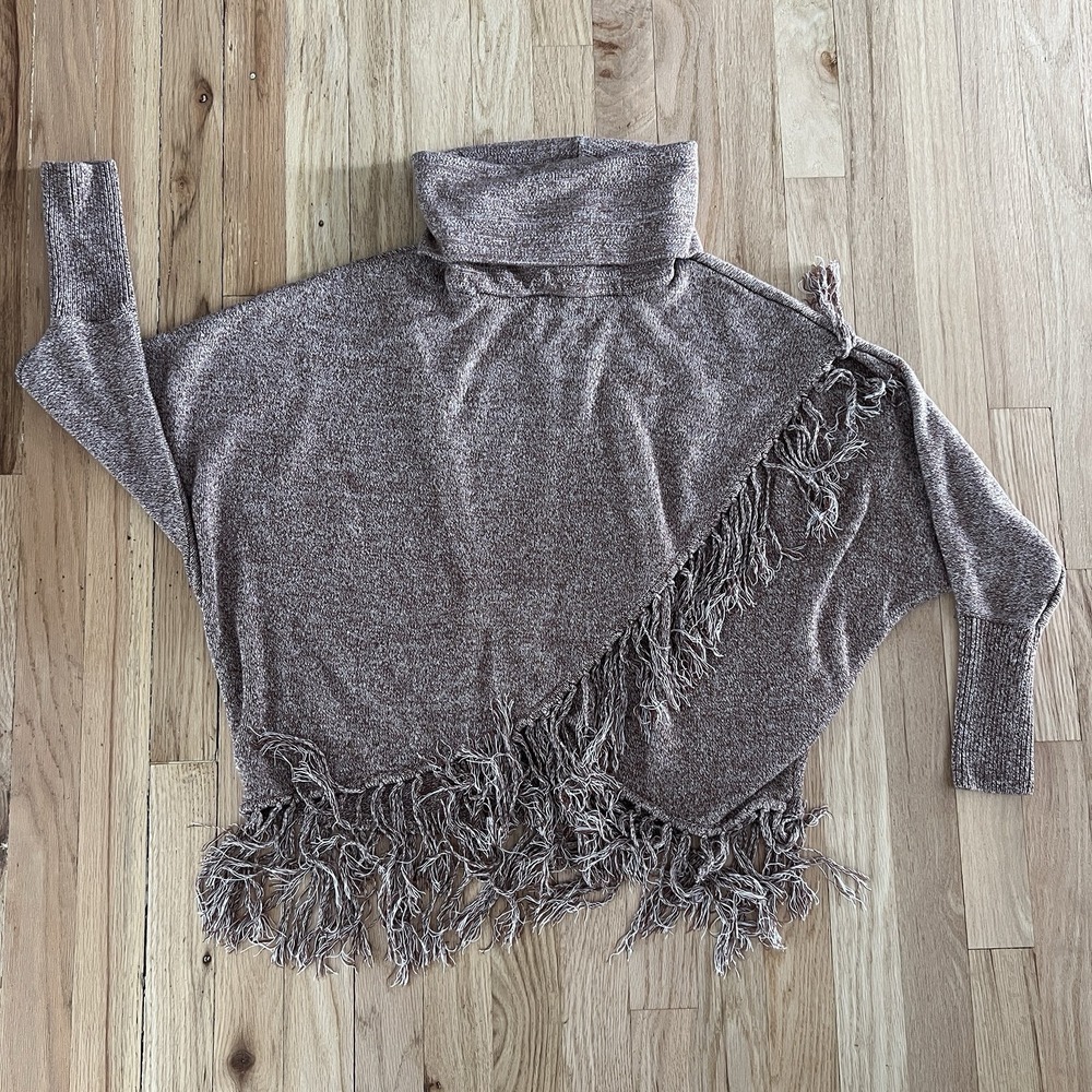 Fringe Poncho Sweater Asymmetrical Turtleneck Boho Knit Brown Womens M‎